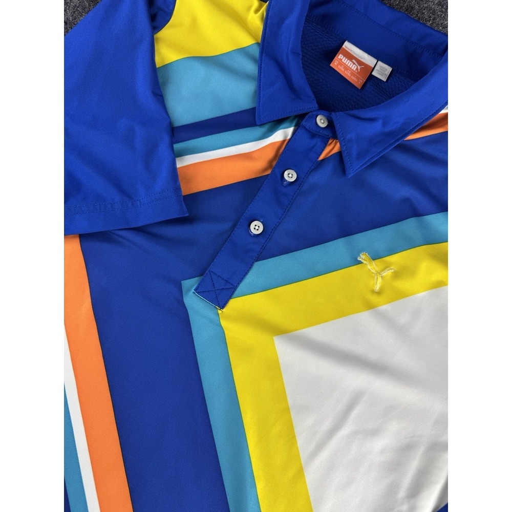 Puma Golf Polo Shirt Champions Run Blue Striped Performance Mens M 22x30